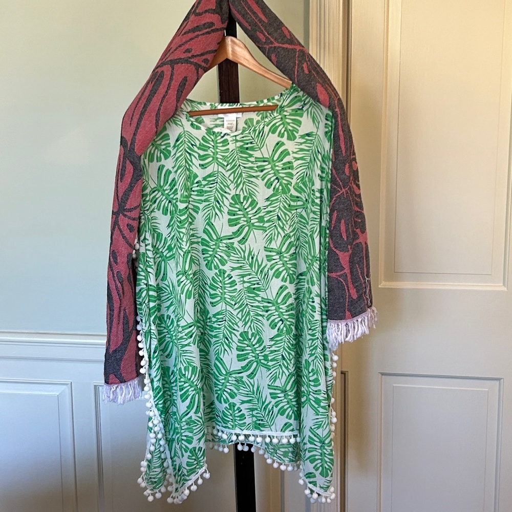 Green Monstera Leaf Set of 3 Coverup + Wrap Scarf Red + Black + Natural Belt - Picture 7 of 15